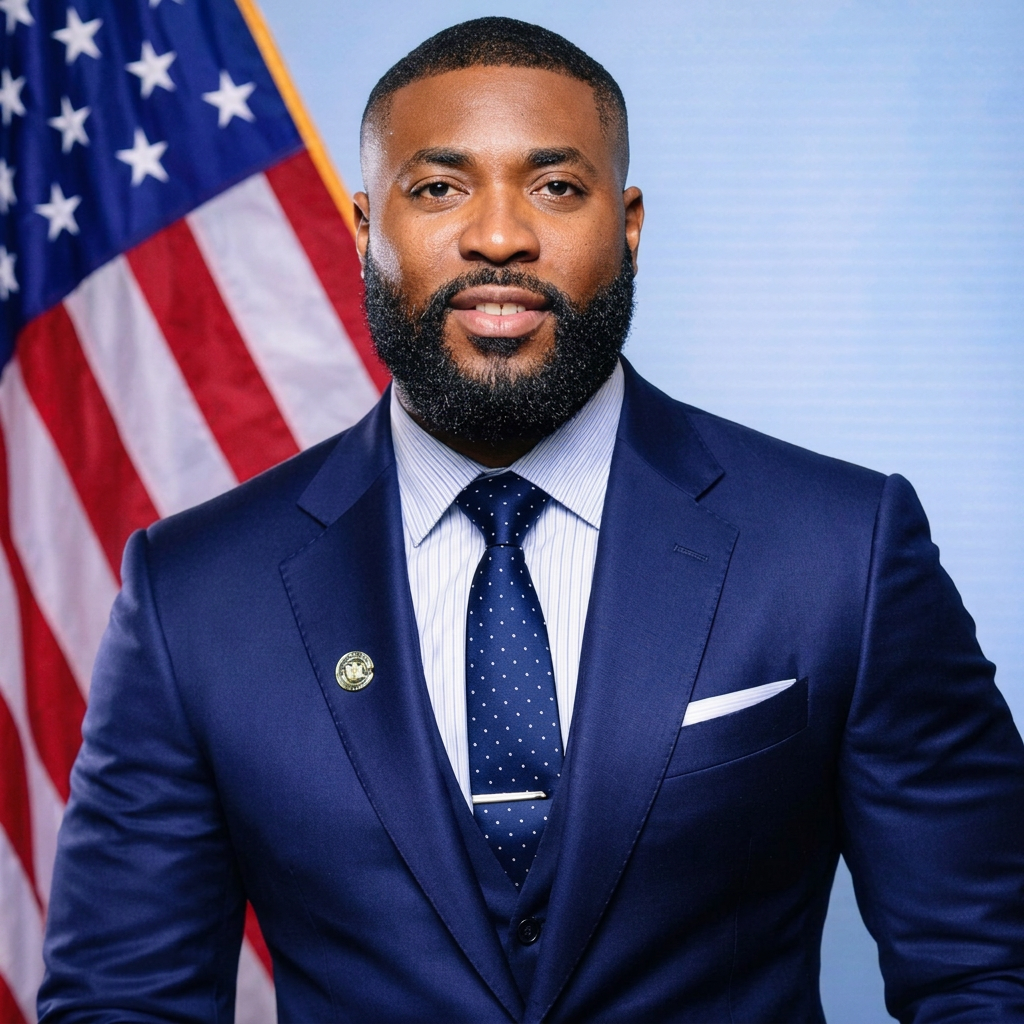 Dr. Ishmael Kwawununu, higher education public safety executive, in a navy suit before the United States flag